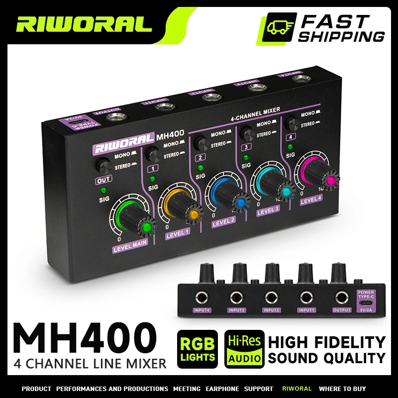 Mini Audio Mixer Line Mixer 4 Channel Stereo Ultra Low-Noise 5V for Sub-Mixing, for Small Clubs or Bars, As Guitars, Bas