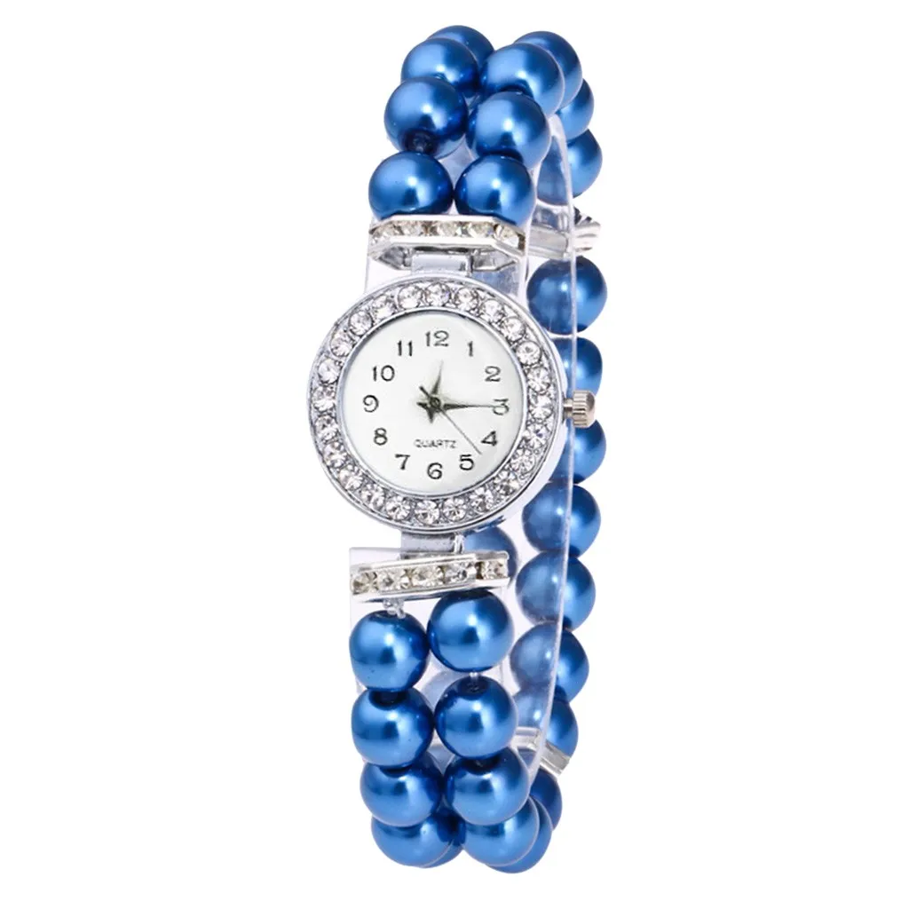 Ladies Watch Blue Fashion Women Casual Pearl String Watch Mini Round Digital Dial Female Watches Design Style Quartz Watch