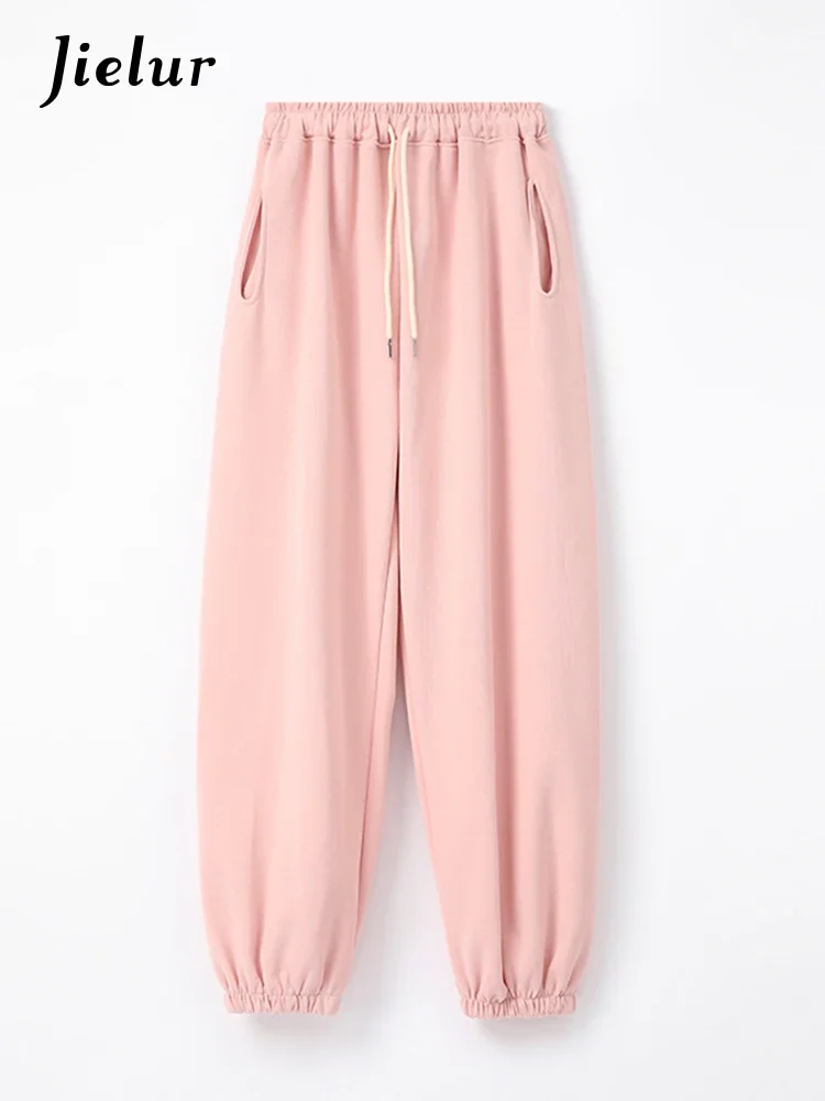 Jielur Pink Simple Casual Slim Female Pants Winter New Sport Solid Color Ins Drawstring Fashion Women's Trousers Office Ladies