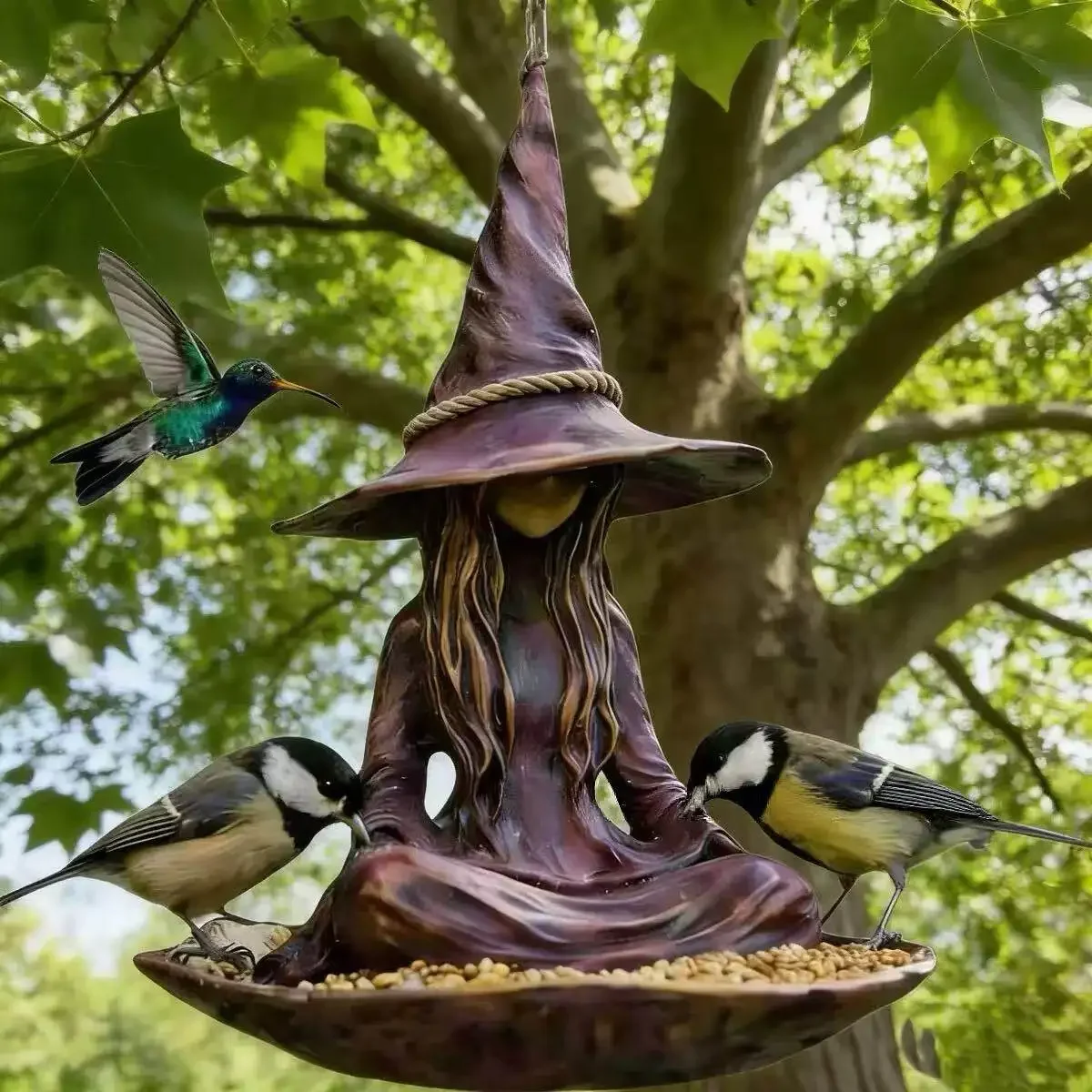 Witch Garden Statue Bird Feeder for Outdoors Resin Hanging Wild Bird Feeder for Outside Patio Backyard Birdwatching