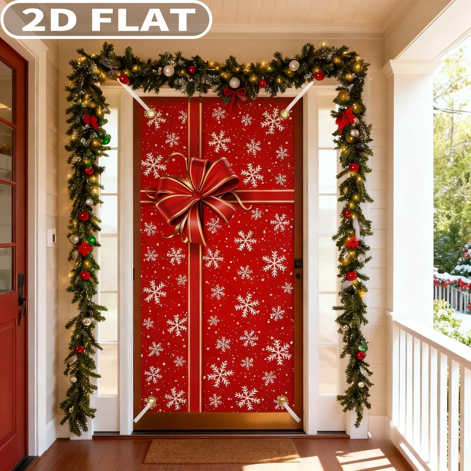 

1pc Christmas Door Cover, Christmas Red Gift Box Door Banner, Snowflake Door Hanging Cover Christmas Photography Backdrop