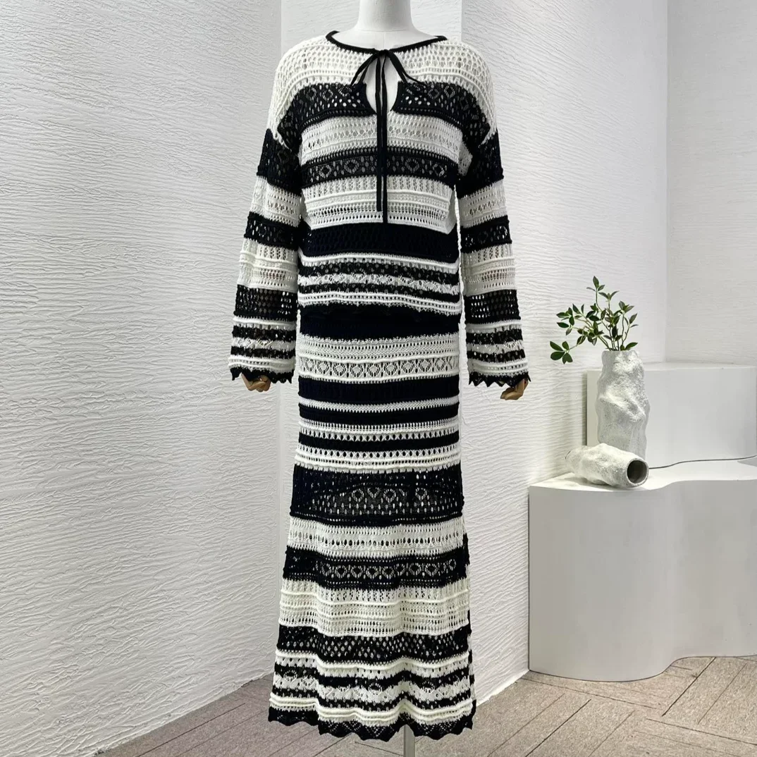 Domedeer Women Casual Two Pieces Set Black White Striped Hollow Knitting Long Sleeve Blouse and Midi Skirt Suit 2024 Spring Fall