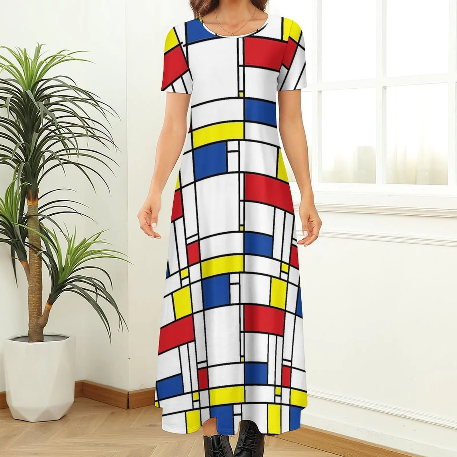 Mondrian Print Dress De Stijl Modern Art Beach Maxi Dress Female Short Sleeve Street Wear Bohemia Long Dresses Large Size