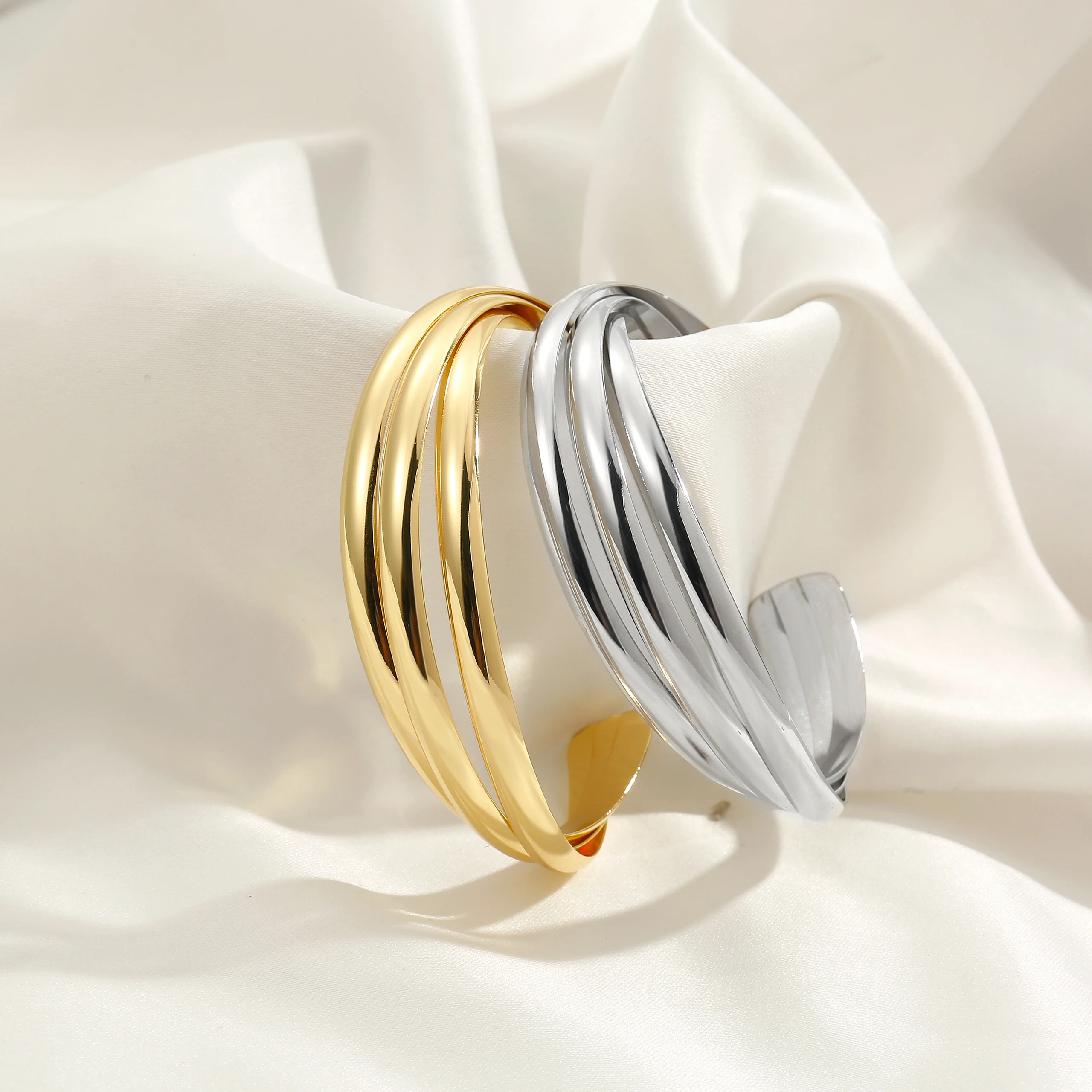 

Joya Love Gold Color Metal Geometric Open Cuff Bangle Bracelets For Women Multilayer Cross Wire Waterproof Jewelry Gift