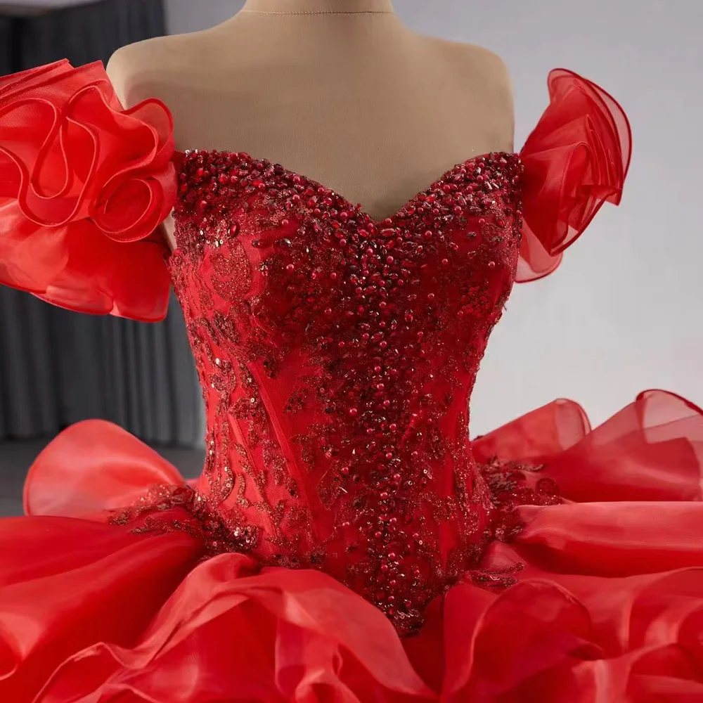 Red Sweetheart Quinceanera Dress Off The Shoulder Lace Up Back With Ruffles Pearls Customizable Girls Party Gown
