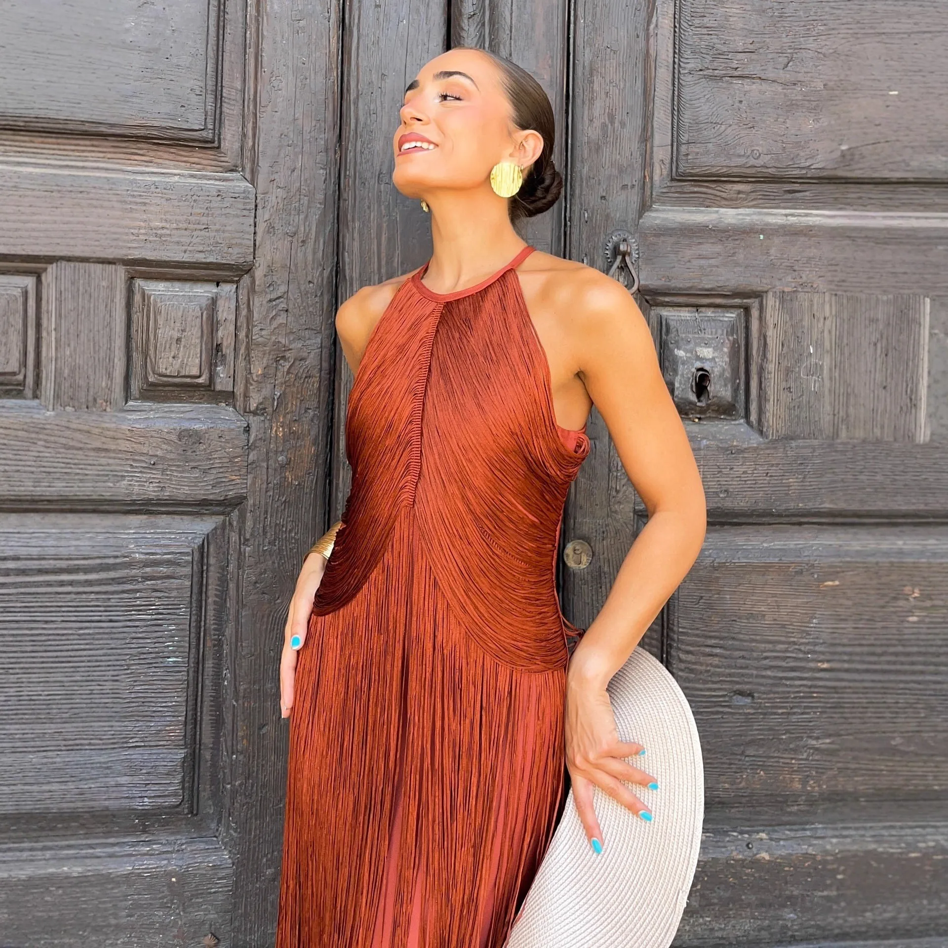 Elegant Pleated Wedding Guest Dress for Summer Party Long Halter Neck Sleeveless High Waist Bodycon Solid Color with Fringe