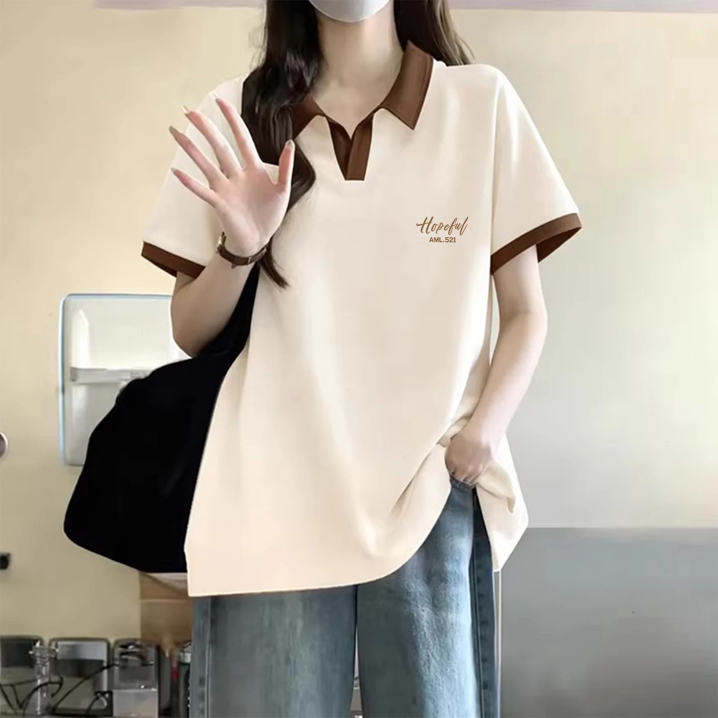 Loose Fit  Neck Short Sleeve T-Shirt Women's Summer Casual Slimming Belly Covering Color Block Top Cotton Blend Comfortable