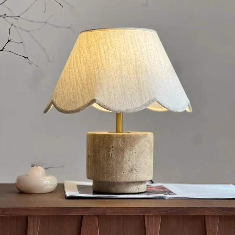 Japanese Rotundity Yellow Travertine LED Table Lamp White Petal Fabric Lampshade Living Room Bedroom Restaurant Study Desk Light