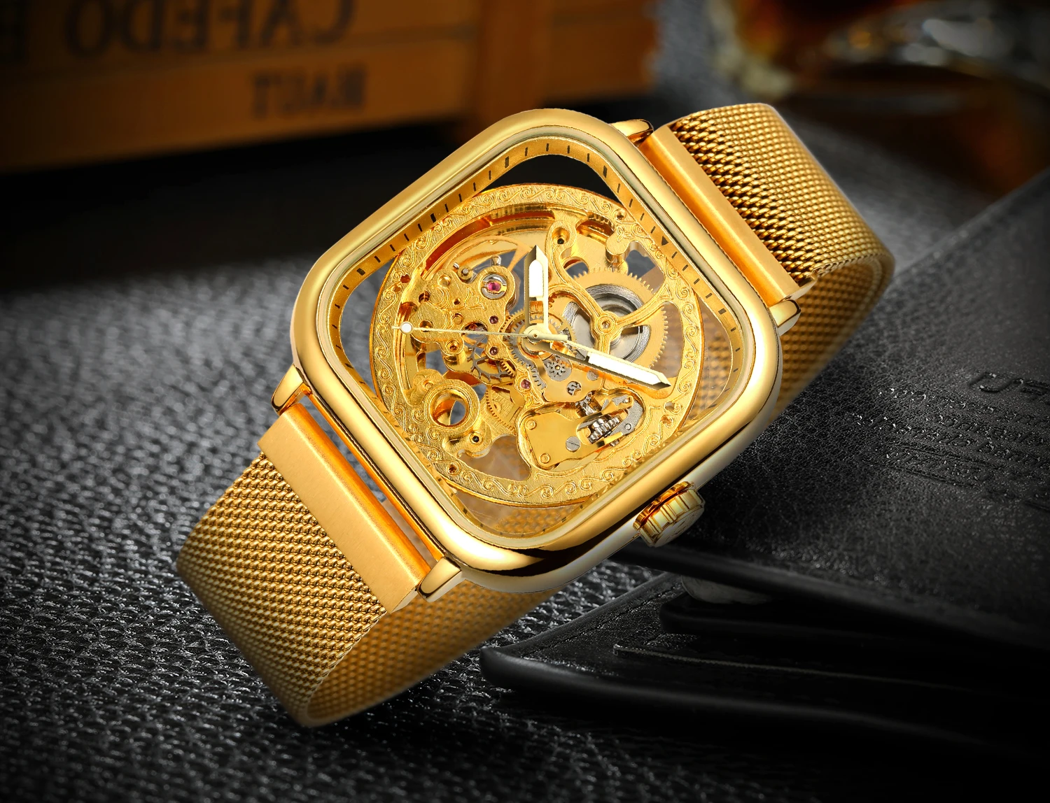 

FORSINING мужские автоматические механические часы со скелетом и гравировкой, светящиеся стрелки, полые золотые резные повседневные сетчатые мужские часы со стальным ремешком