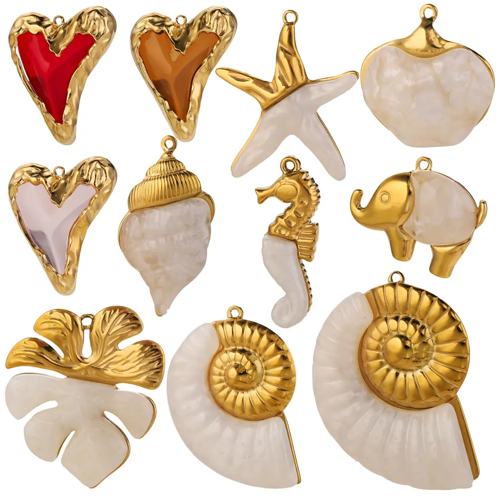 2PCS Stainless Steel Large Charms Big Starfish Shell Conch White Resin Pendant for DIY Necklace Jewelry Making Accessories Craft view 2