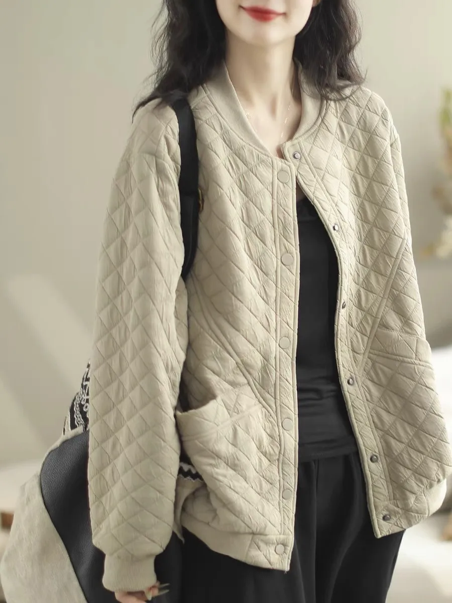 

Аутентичные новые художественные хлопковые тонкие бейсбольные воротники, свободная верхняя одежда, однотонное женское длинное пальто с ромбовидным узором