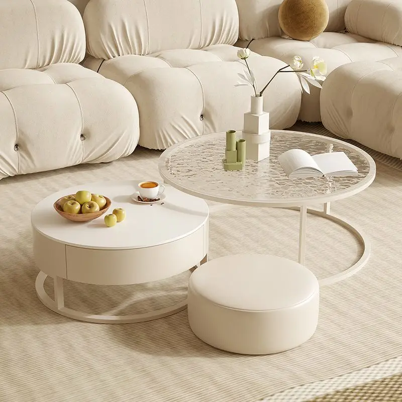 

Cream style modern high-end rock slab coffee table, small family living room, light luxury, round water ripple glass coffee tabl