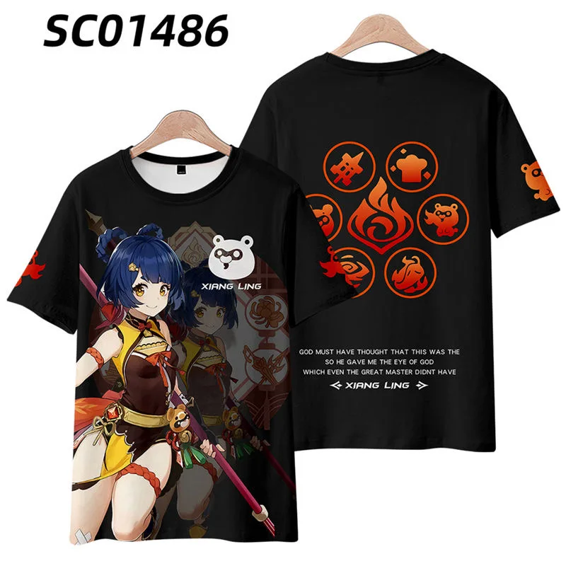 Genshin Impact xiangling 3DプリントTシャツ、ラウンドネック、半袖、人気のゲームストリートウェア、夏のファッション、プラスサイズ