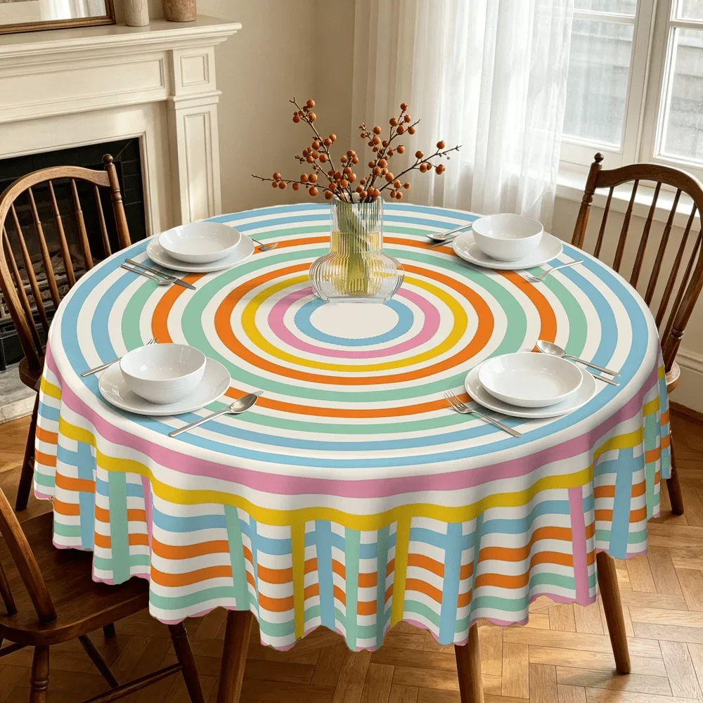 1PC, Macaron-style rainbow striped pattern printed tablecloth, machine washable and easy to cleanxzj