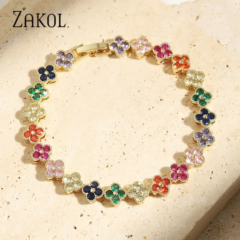 ZAKOL Koreanische Mode Zufällig Bunte Zirkon Blume Pflanze Armbänder Für Frauen Dopamin Mädchen Schmuck Party Zubehör