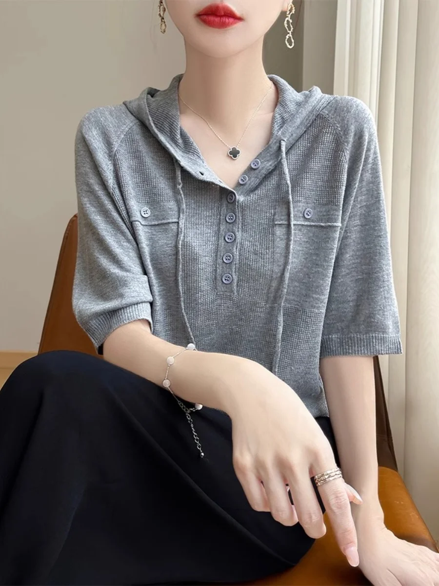 Casual Loose Ice Silk Knitted Short Sleeve T-Shirt Women's Fashionable Slimming Top Drawstring Hooded Summer Breathable