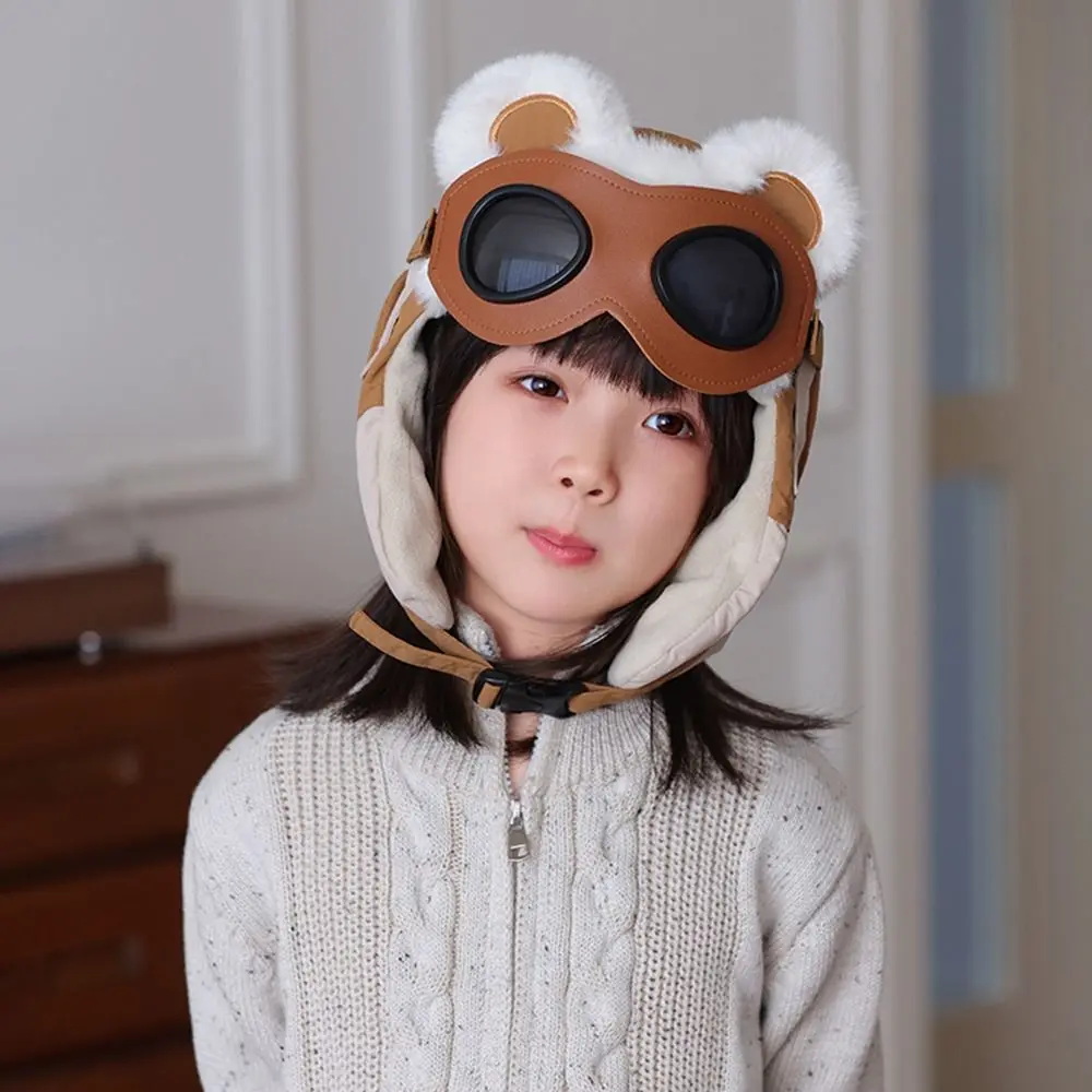 

Cute Winter Children's Goggles Integrated Hat Fleece-Lined Windproof Ear Protection Cap Warm Pilot Hat for Boys and Girls