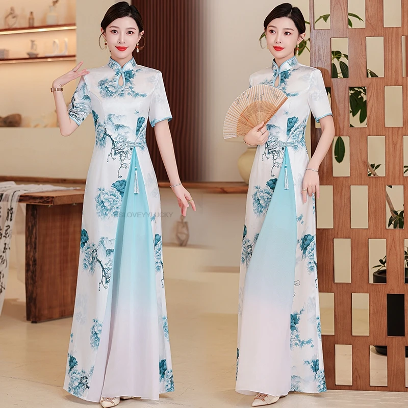 

Vietnam Aodai Dress Traditional Chinese Improved Qipao Flower Print Cheongsam a-line Dress Banquet Evening Dress Vestido