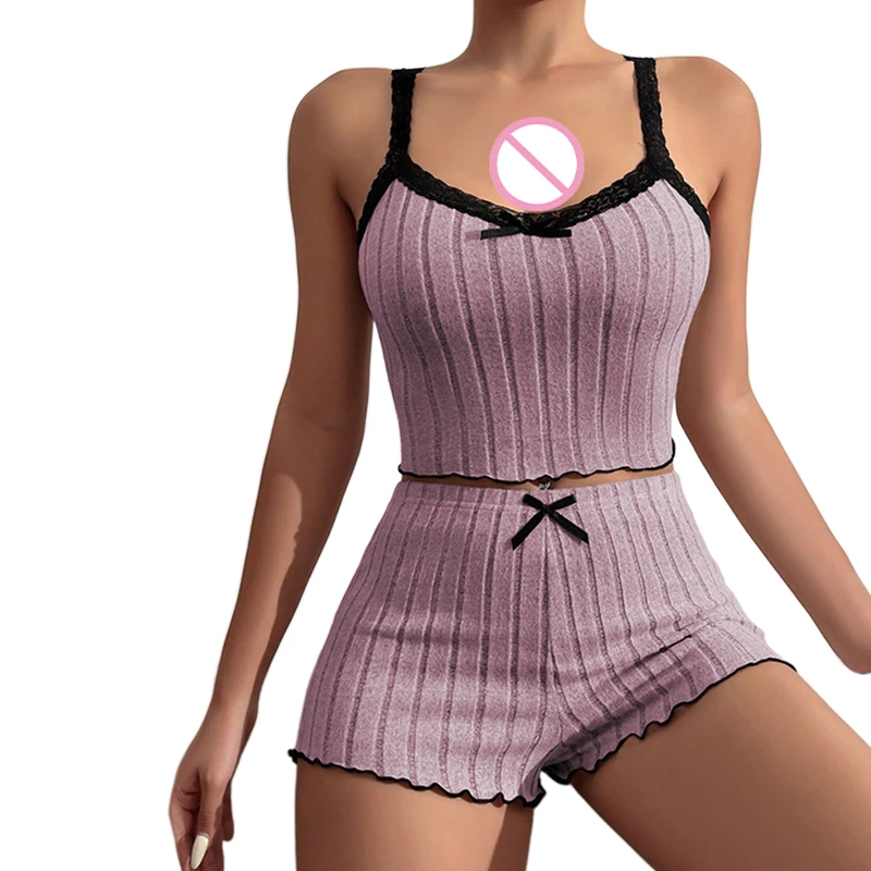 Pajama Suit Suspender Shorts Sexy Bow Print Suit Comfortable Home Wear Women's Pajama Suit