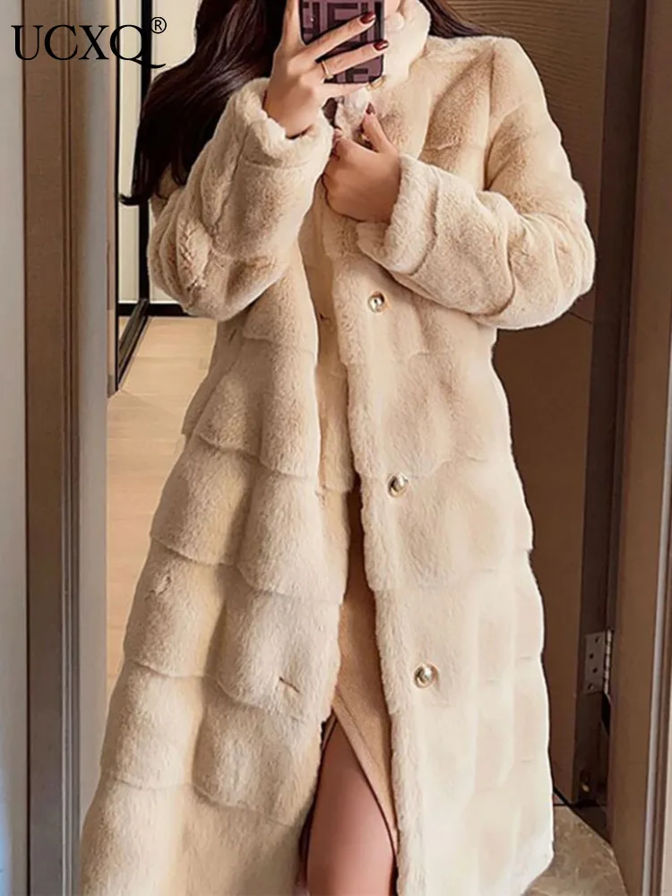 

UCXQ Women Mink Fur Coat Stand Neck High Quality Plush Thick Furs Overcoat Casual Loose Single Breasted Mid Long Jacket Autumn