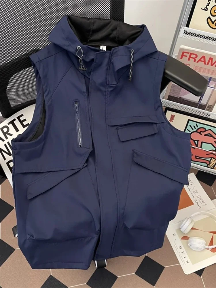 Outdoor Techwear Utility Hooded Vest Men Hooded Multi-Zip Pockets Oversized Sleeveless Solid Summer Casual Coat Tank Top
