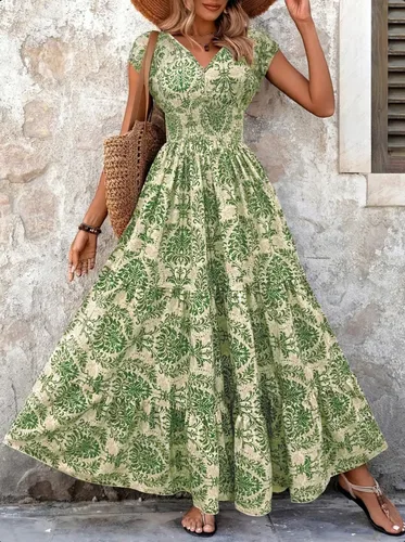 2025 vestido estampado vintage moderno y elegante mono de manga corta con cuello en V falda larga ropa de mujer