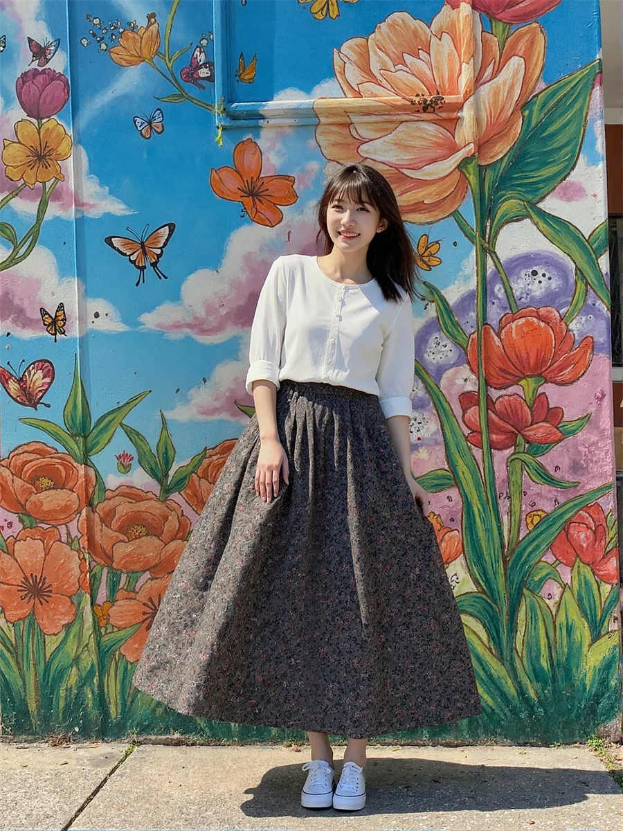 

Midi Floral Printed Skirts Womens Fringed Pleated Layered High Waist Patchwork Mesh Ruffle Chic College Autumn Artistic Modern