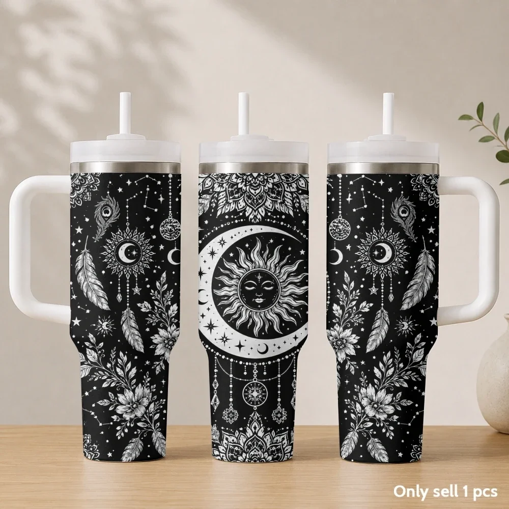 Mystical Night Moon Black White Vacuum Flasks 40oz Stainless Steel Insulated Tumbler with Handle & Straw Leakproof Travel Mugorders for other colors will be shipped randomly in black or white