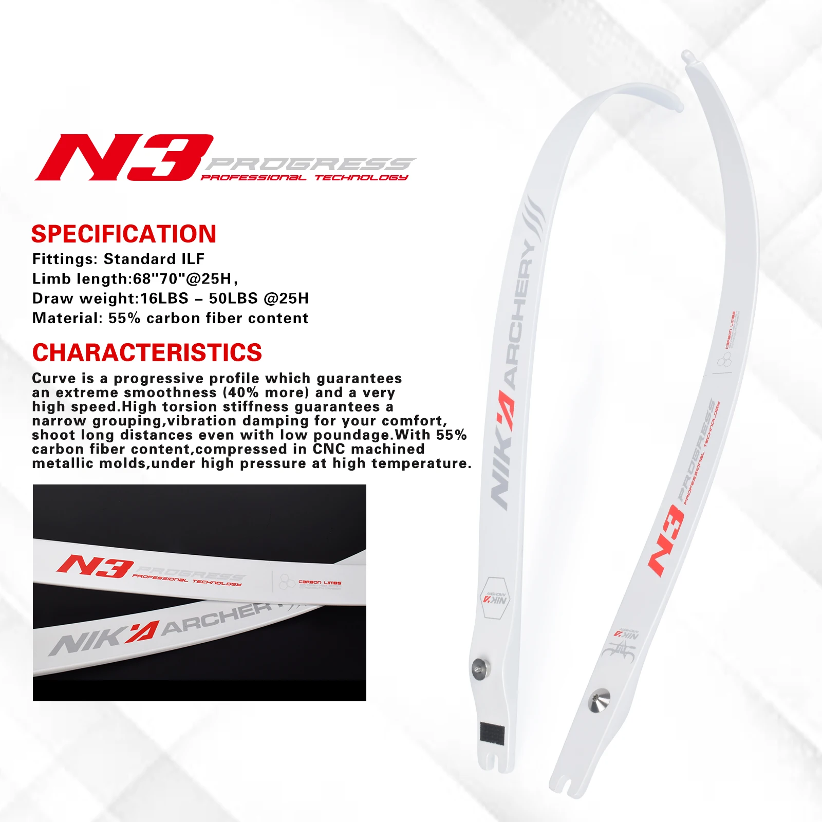 

2023 NEW 70" Recurve Bow Limbs Progress Series N3 Carbon Fiber Limb 16-50 lbs 55% Carbon Fibre