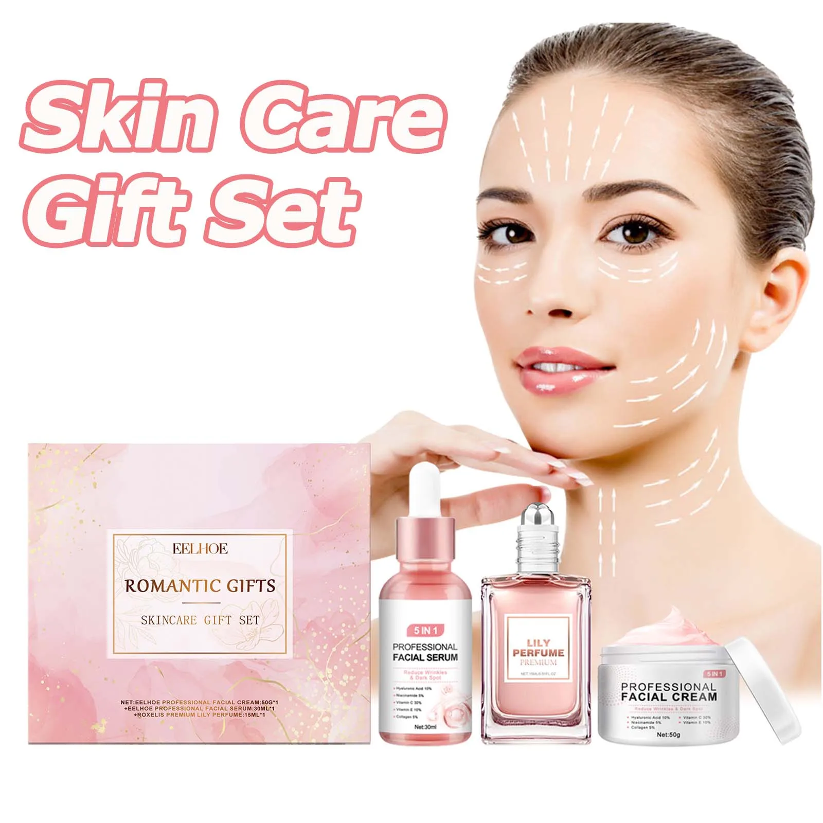 Pink Romantic Skin Care Set Contain 5 in 1 Face Serum Face Cream Women's Lily Perfume Lighten Melanin Moisturizing Brighten Skin