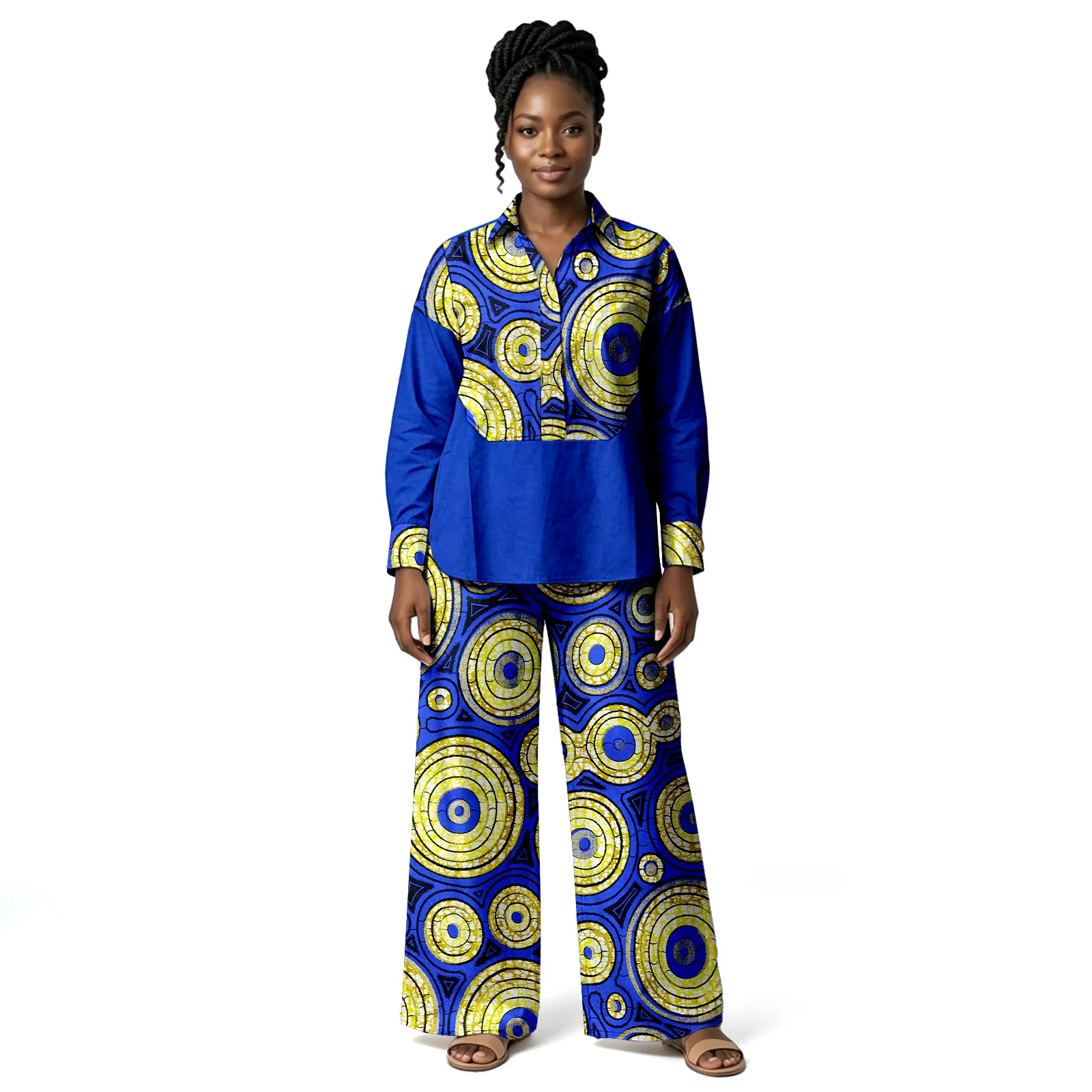 sea-alp-women's-african-kente-print-2-piece-pant-suit-traditional-ankara-kente-pattern-shirt-full-print-wide-leg-pants-set