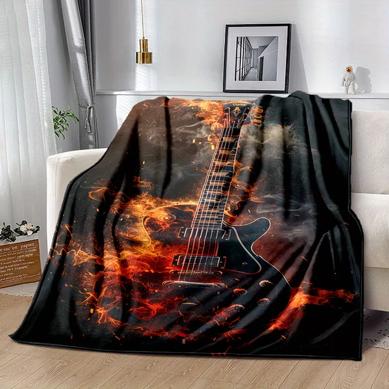 

Burning Guitar Flame Rock Retro Flannel Blanket Digital Print Polyester Lightweight All Seasons for Sofa Bed Travel