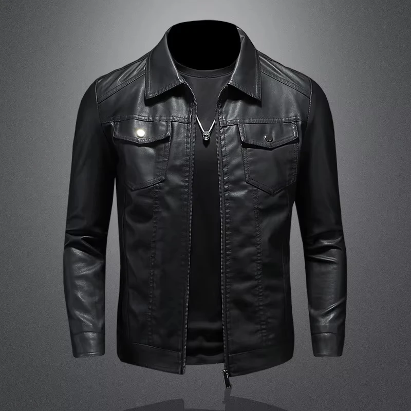 

Men's lapel leather jacket autumn oversized slim motorcycle riding suit winter thickened PU leather waterproof work clothes