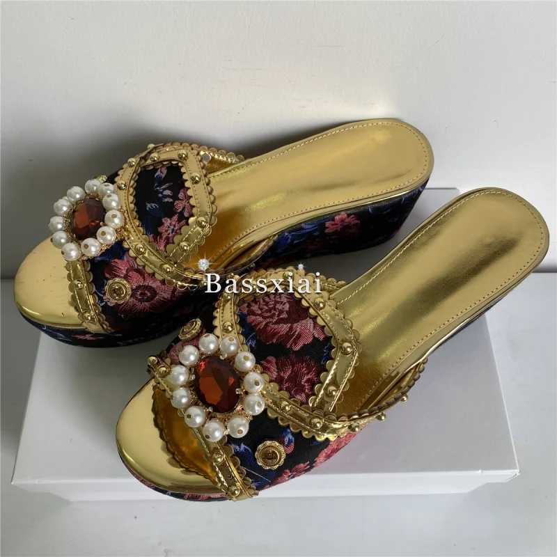 Sandales Brodées en Satin pour Femme, Mules d'Été à Plateforme Haute, Compensées, Décor de Rivets