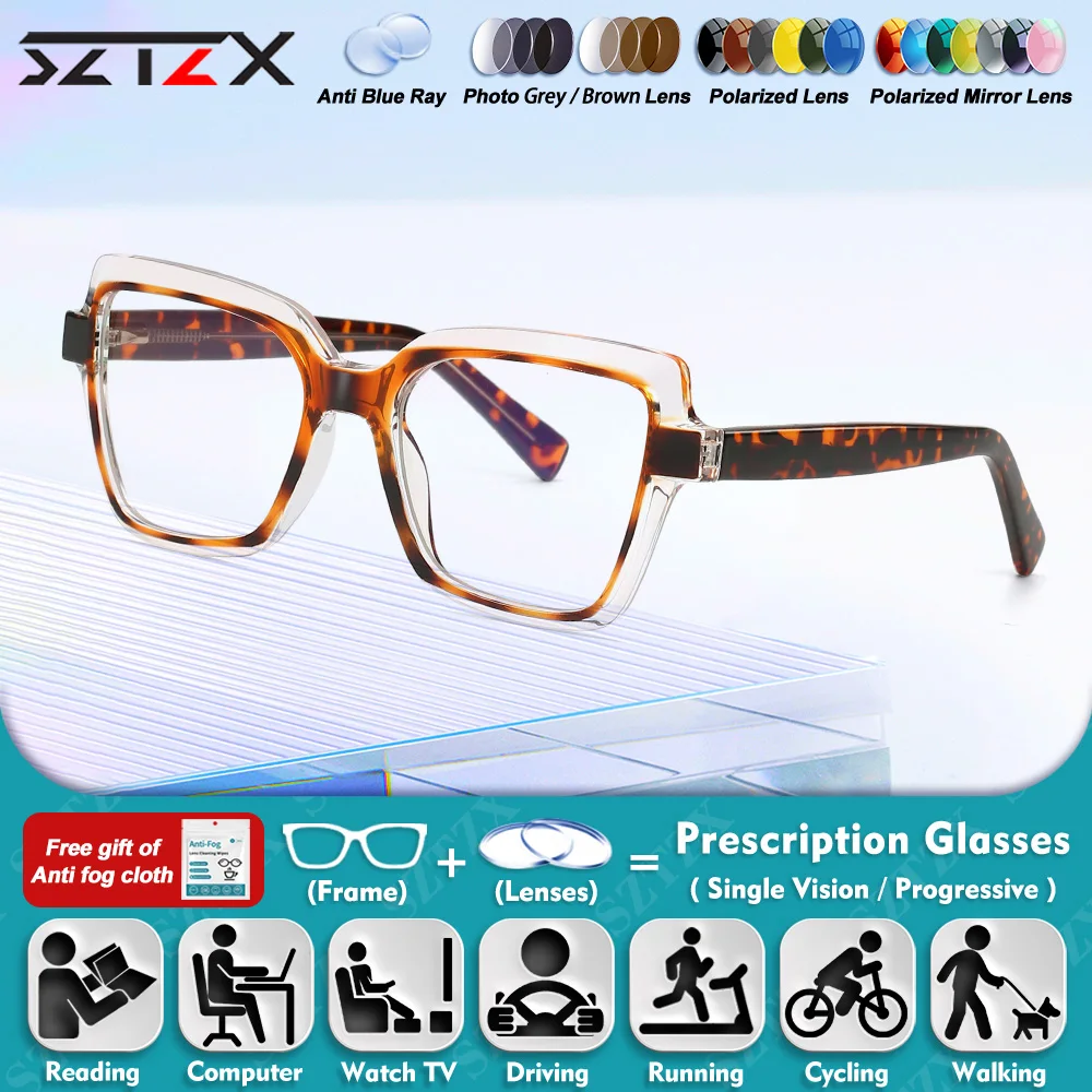 

SZTZX Classic Women Small Frame Anti Blue Ray Myopia Prescription Glasses Polygonal Photochromic Progressive Computer Eyeglasses
