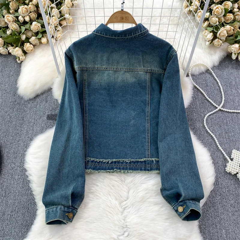 2024 Spring Vintage Blue Denim Jacket Women Slim Short Cowboy Outerwear Frayed Splicing Contrast Color Jeans Jacket Female Coat