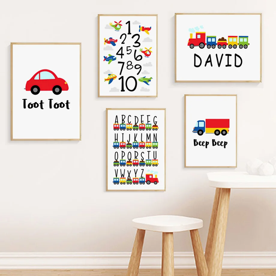 Cartoon Vehicle Transport Poster Alphabet Number Print Car Train Helicopter Tractor Wall Art Boy Bedroom Nursery Home Decor Gift