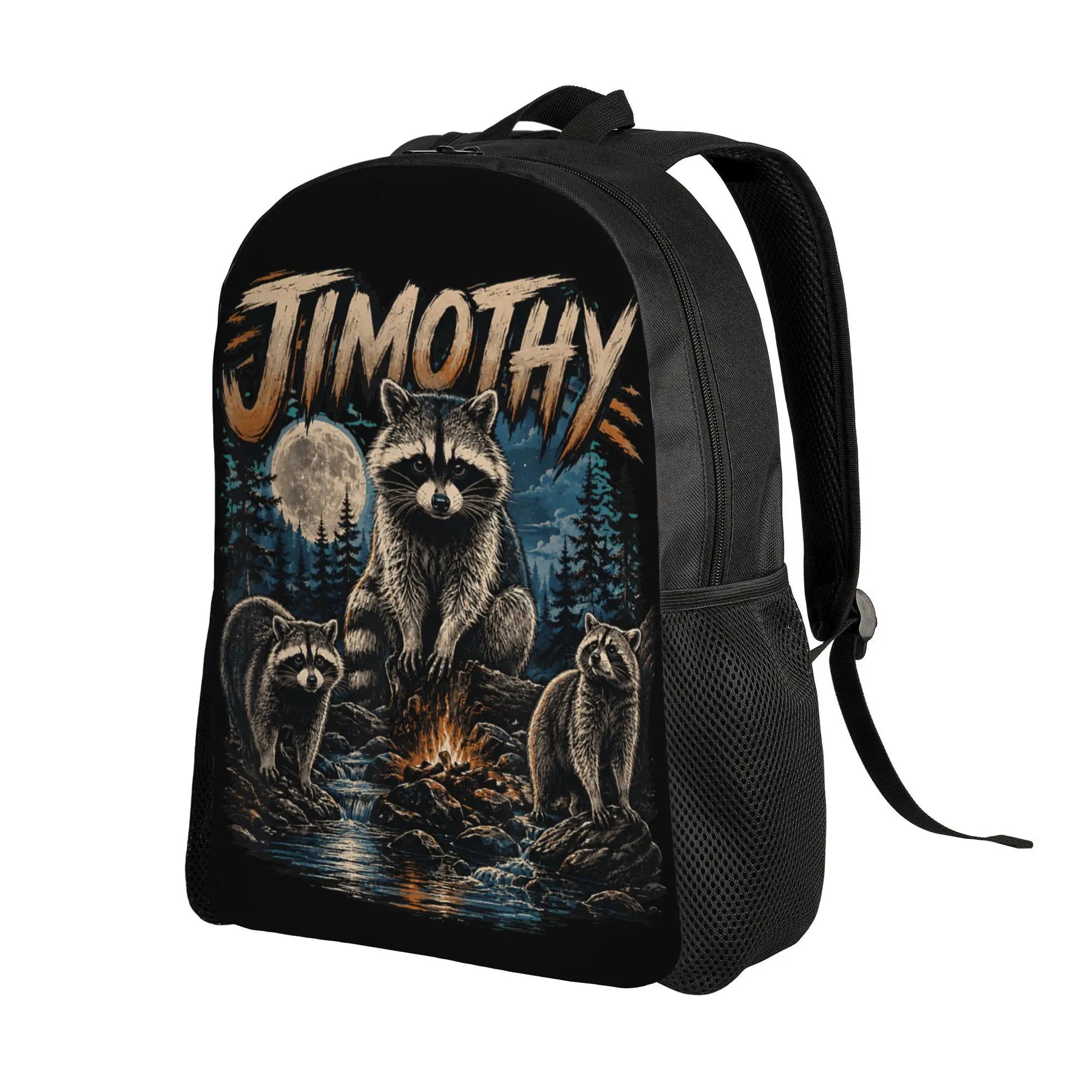 Timothy Funny Raccoon Moonlight Campfire Backpack  Travel Backpacks Male Custom Soft School Bags Aesthetic Rucksack