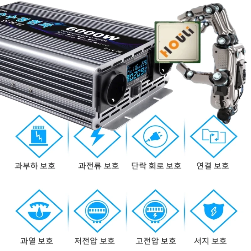 HOULI  인버터 6000w 순수정현파 60hz, 순수 사인파 인버터 한국형 전력 변환기, 3000W, 4000W, 5000W, 6000W, 60hz, 12V, 17V, 24V, 220V 스타일 소켓 변압기, 보조베터리, 트랜스포머,차량용 인버터