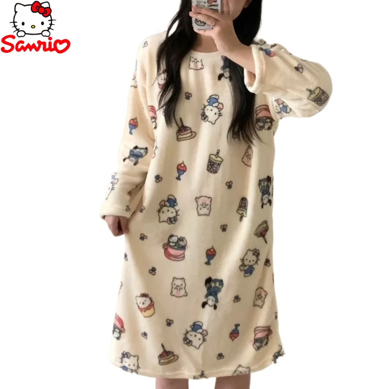 Sanrio Hello Kitty Cartoon Nightgown Women Warm Thick Coral Fleece Cute Hello Kitty Pajamas Flannel Nightgown Birthday Gift