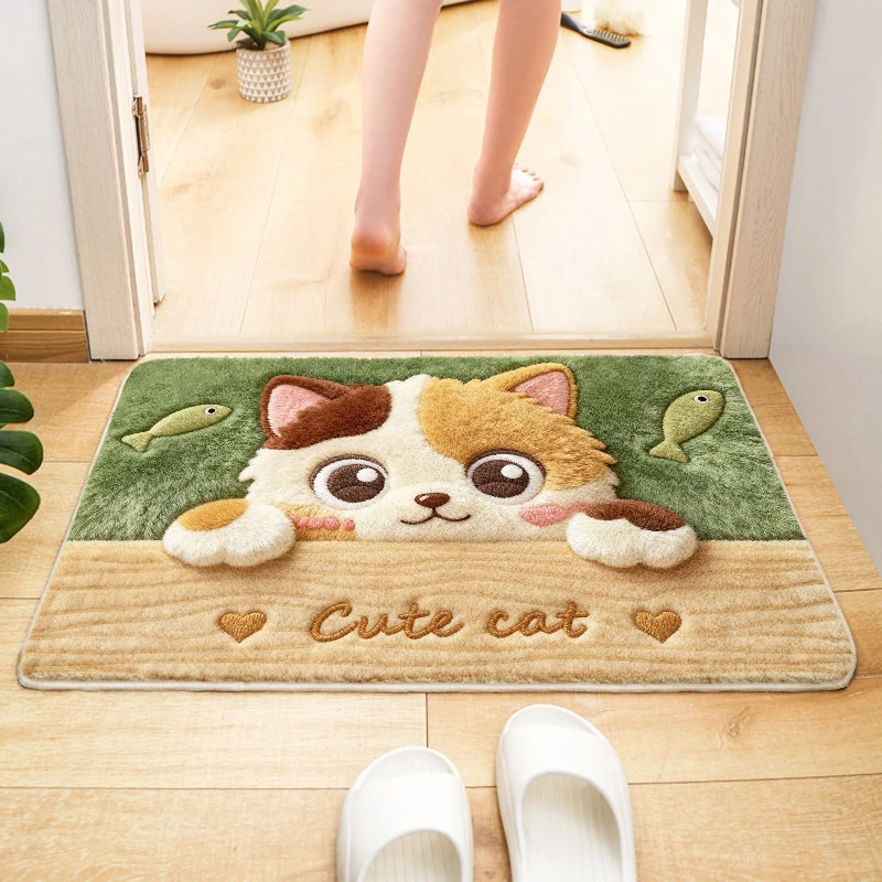 VIKAMA Cute Cat Peeking Fish Green Cartoon Pet Kawaii Art Flannel Door Mat Non Slip Entryway Bedroom Living Room Home Decor Soft