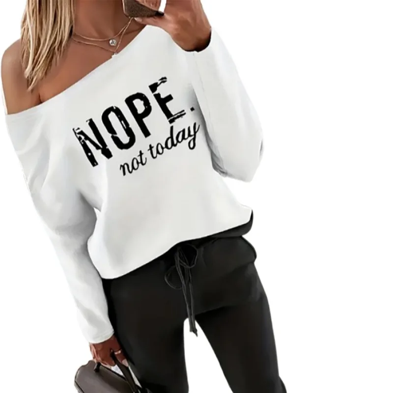 Camiseta con estampado de letras para mujer, pantalones de 2 piezas, Sexy, con hombros diagonales, manga larga, deportes de ocio, pantalones de pies pequeños, traje femenino