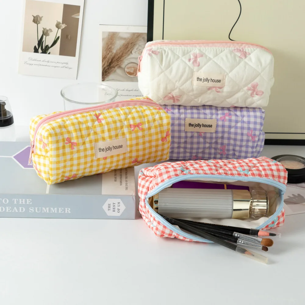 Cute Soft Bow Makeup Bag Makeup Brush Case Pencil Case Portable Cosmetic Travel Organizer Charging Cables Bag