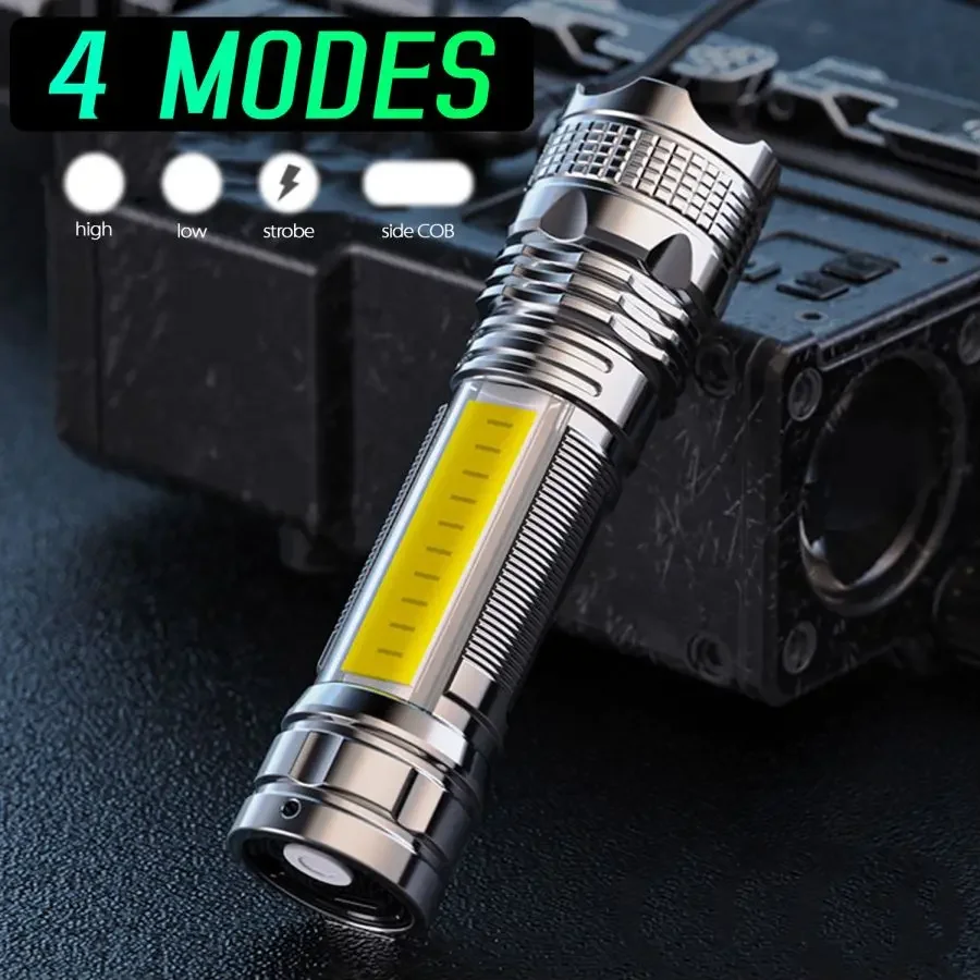 USB Rechargeable 4 Modes Mini Flashlight Waterproof Torch High Lumen LED Flashlights Pocket Lights with COB Side Light