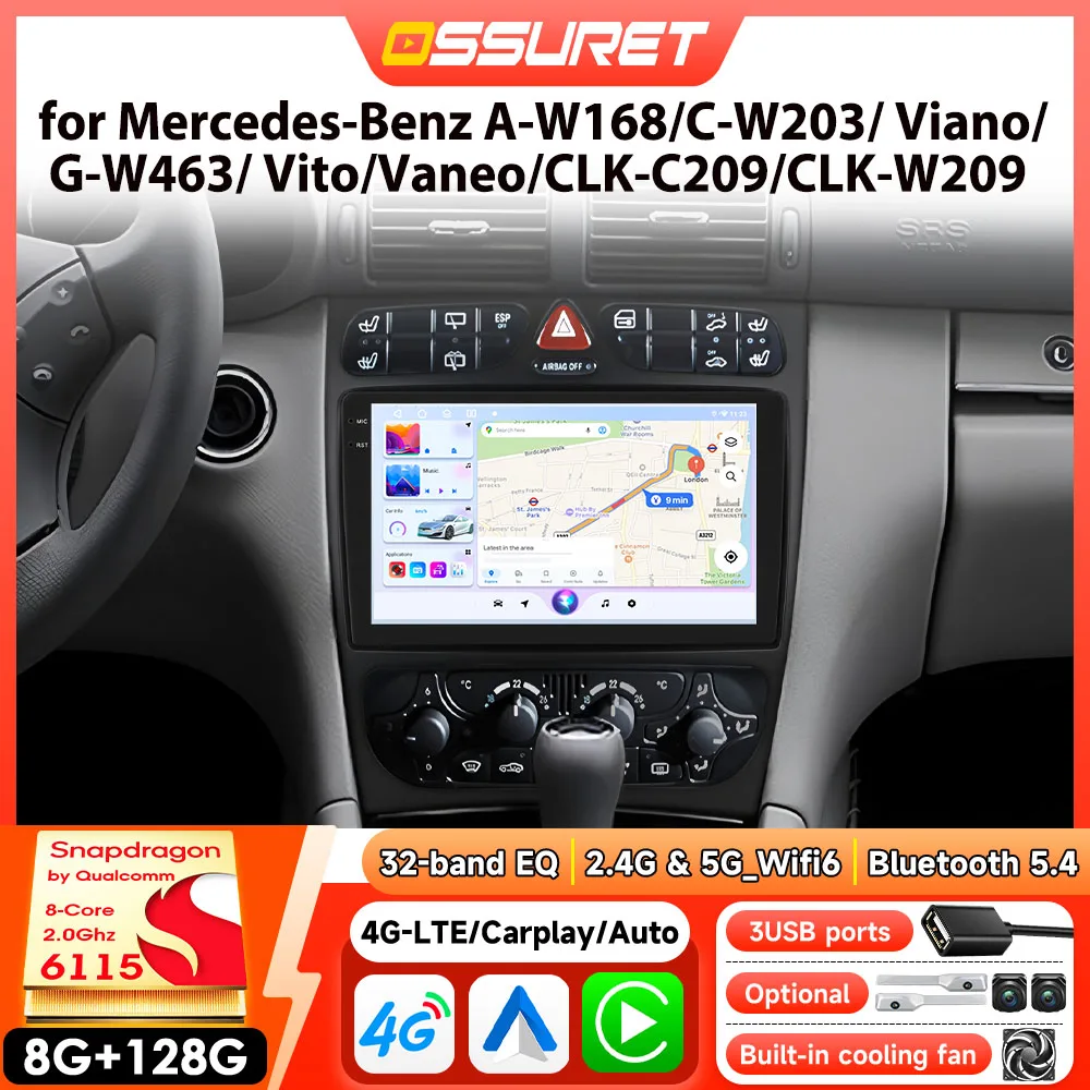 Lettore multimediale per auto per Mercedes-Benz A W168 C W203 Viano G W463 Vito Vaneo CLK C209 W209 4G DSP GPS Stereo di Snapdragon 6115