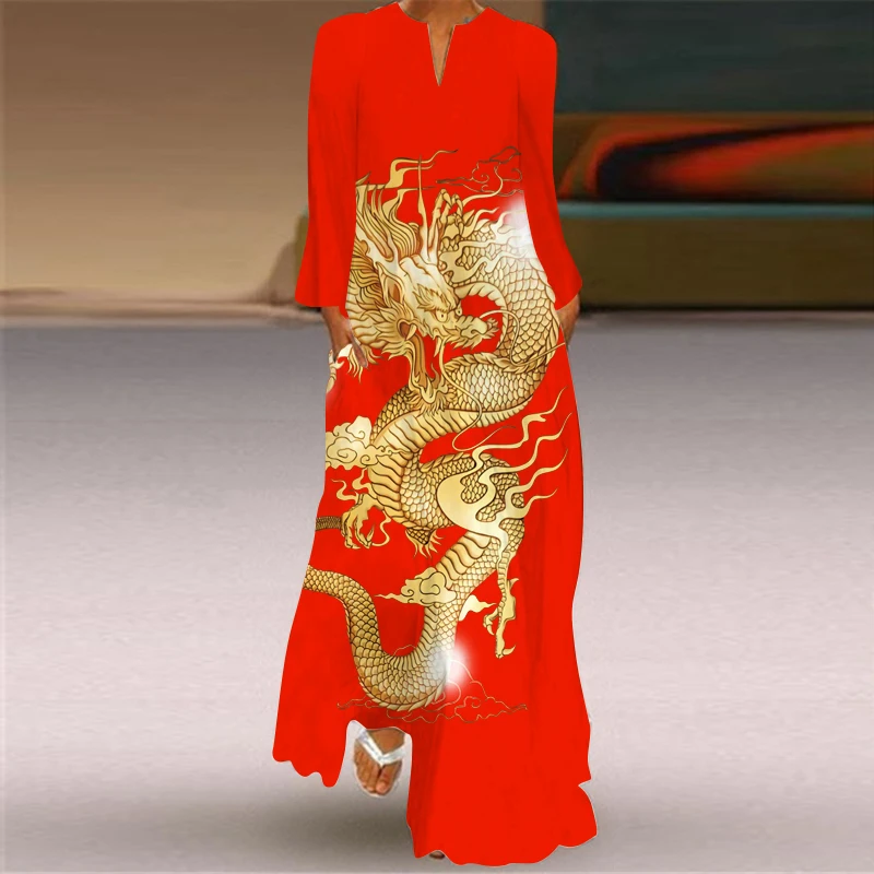 2024 Year Dragon Clothes Chinese Style Dress Long Sleeve Cheongsam Long Dress Stage Catwalk Elegant Temperament dress