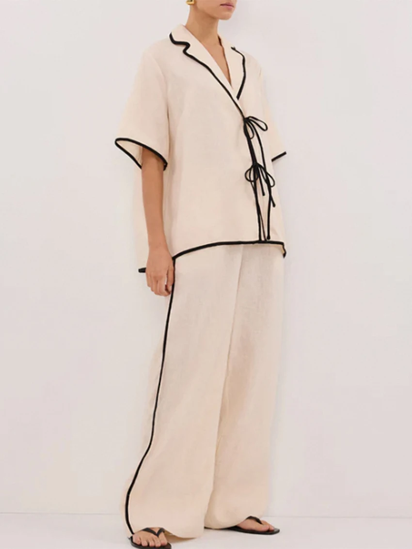 

Женский комплект из льняной смеси WXOY: топ с коротким рукавом и завязками спереди, широкие брюки свободного кроя, элегантный повседневный городской шик, бежевый, пижамный стиль