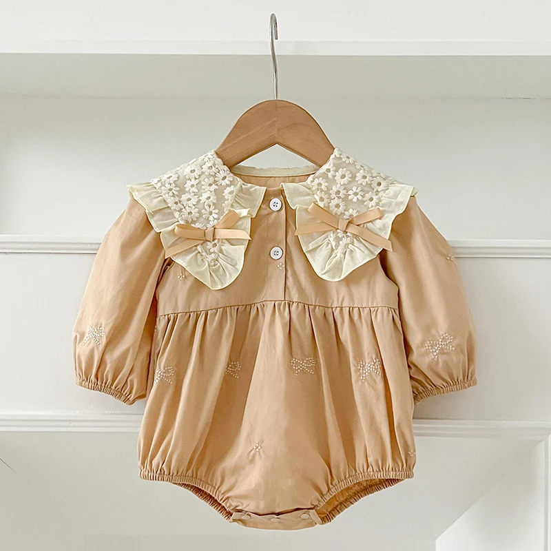 

Newborn Baby Girl Romper Lace Long Sleeve Bow Ribbon Ruffle Jumpsuit Infant Toddler Floral Onesie Spring Embroidery Baby Clothes