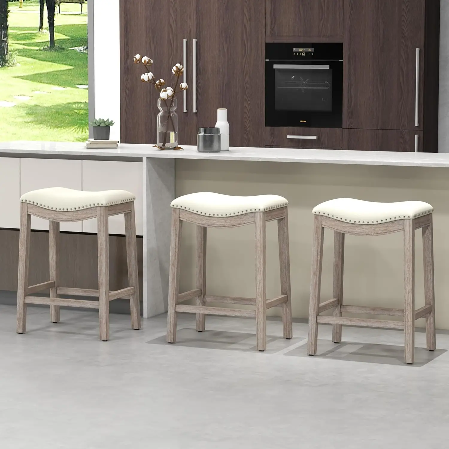 Abet Bar Stools Set Of 3, 27 Inch Counter Height Barstools With Wooden Frame & Footrest, Farmhouse Nailhead Modern Linen