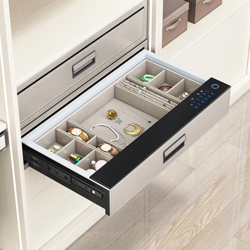 Cabinet Aluminum Leather Storage Password Fingerprint Home Wardrobe Hidden Money Sliding Drawer Metal Jewelry Drawer Safe Box